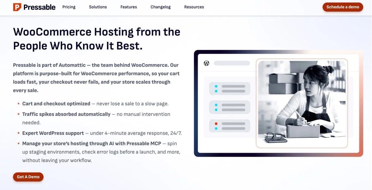 Pressable page with the text "WooCommerce hosting from the people who know it best"