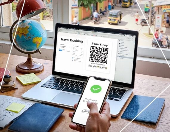 Image of a travel booking site with a "Scan & Pay" QR code.