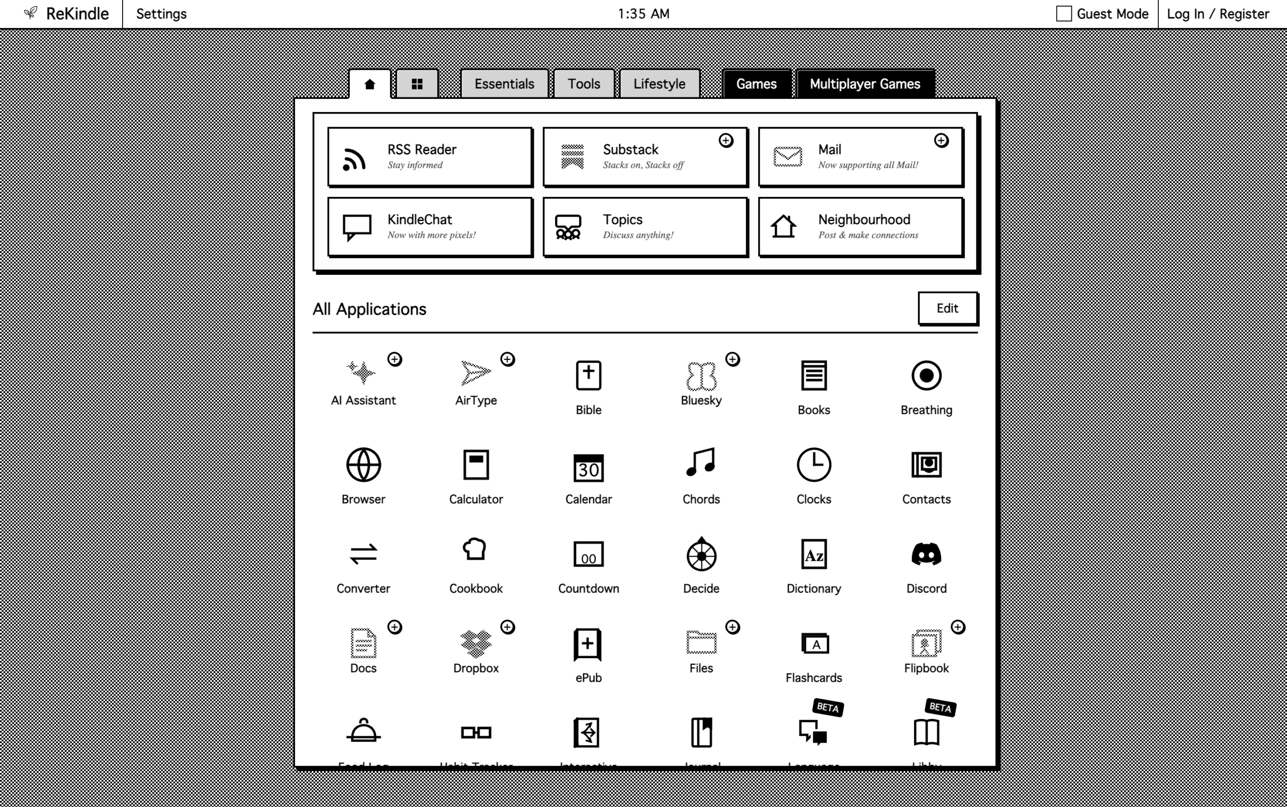 A black and white user interface for Rekindle that primarily shows a grid of app icons.