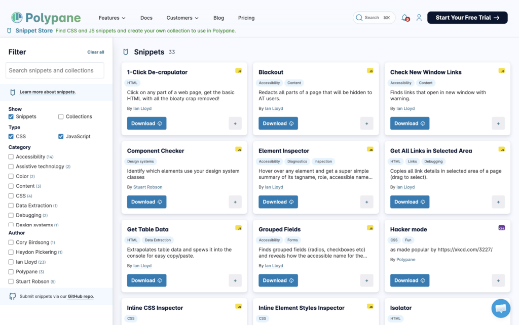 A card-based web interface for the Polypane Snippet Store featuring a sidebar with various filters and a collection of snippets for web development and accessibility.