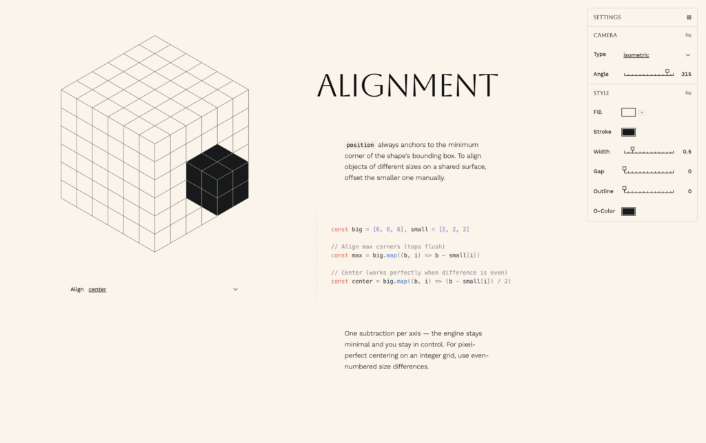 A clean, minimal isometric visualization of a large 3D grid with a small black cube, accompanied by explanatory text about alignment logic and visual styles.