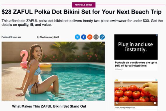 Smiling woman in a blue polka dot ZAFUL bikini sitting poolside with a pink flamingo float in the background.