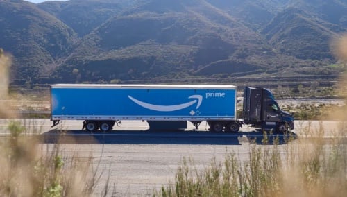 Photo of an Amazon semi-truck on a highway