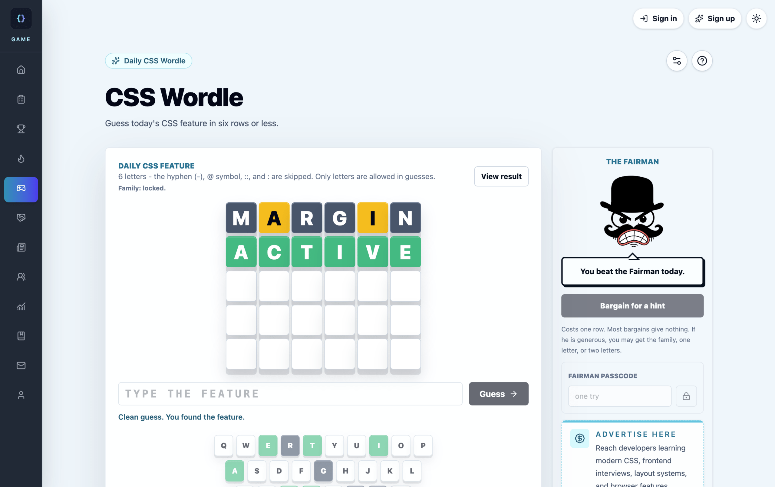 An online game interface for CSS Wordle featuring a completed puzzle.
