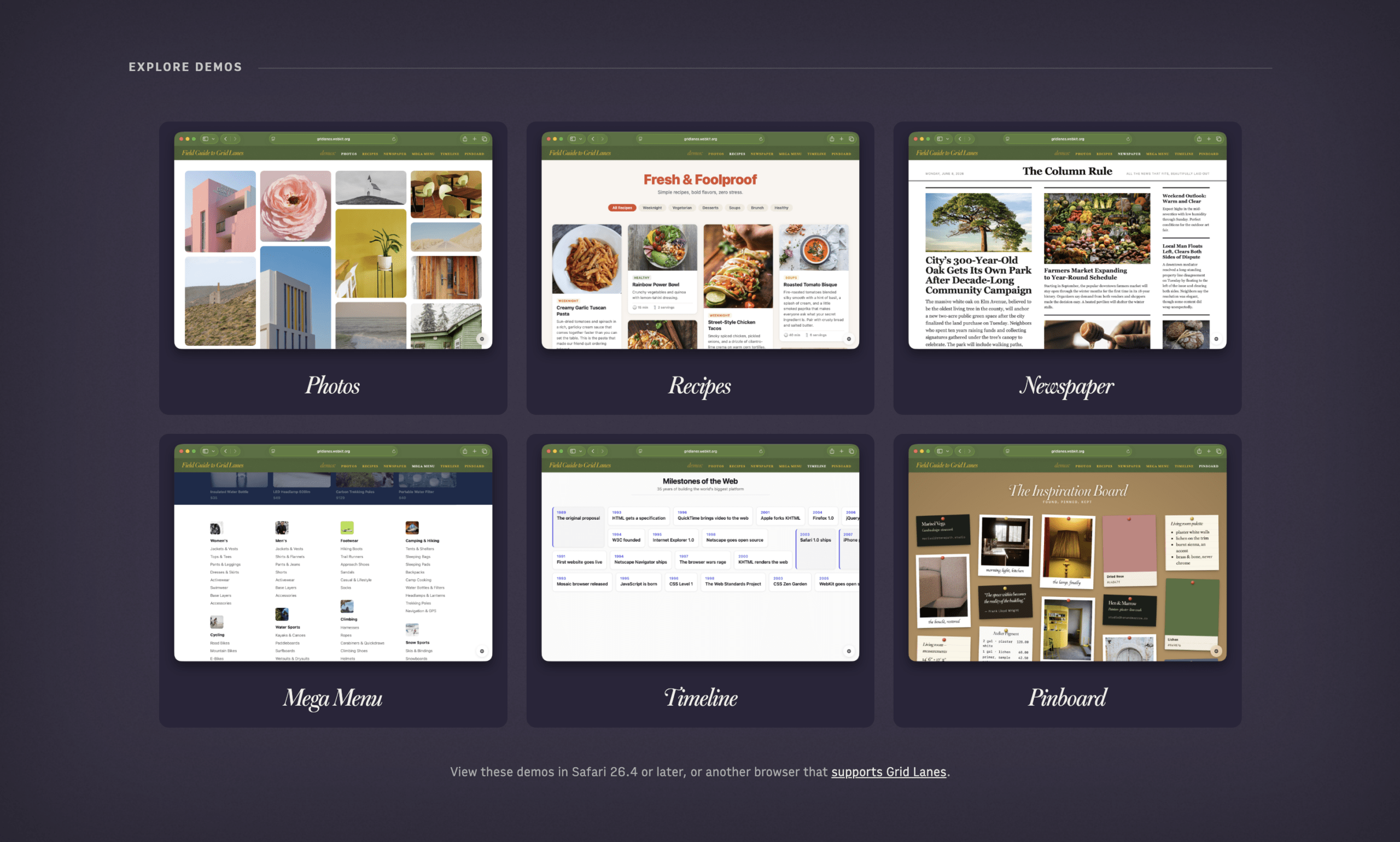 Six CSS Grid Lanes demos organized in a three-by-two grid — Photos, Recipes, Newspaper, Mega Menu, Timeline, and Pinboard.