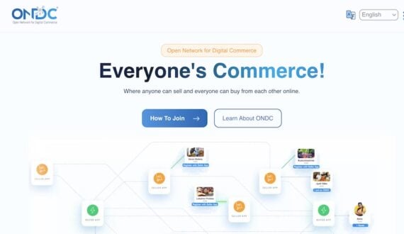 ONDC home page with headline 'Everyone's Commerce!' and network diagram showing seller and buyer apps