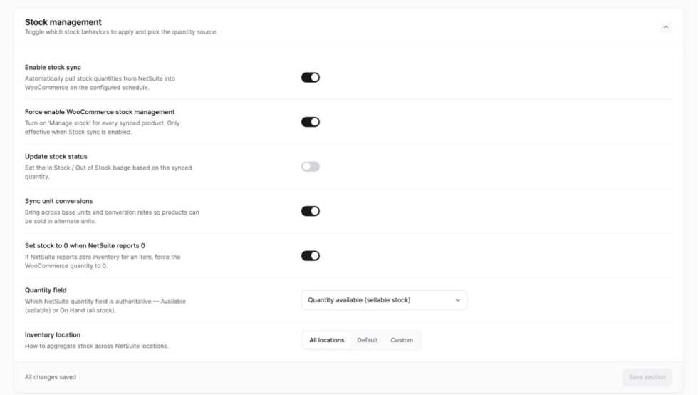 Stock management settings for WooCommerce &hArr; NetSuite integration.&nbsp;