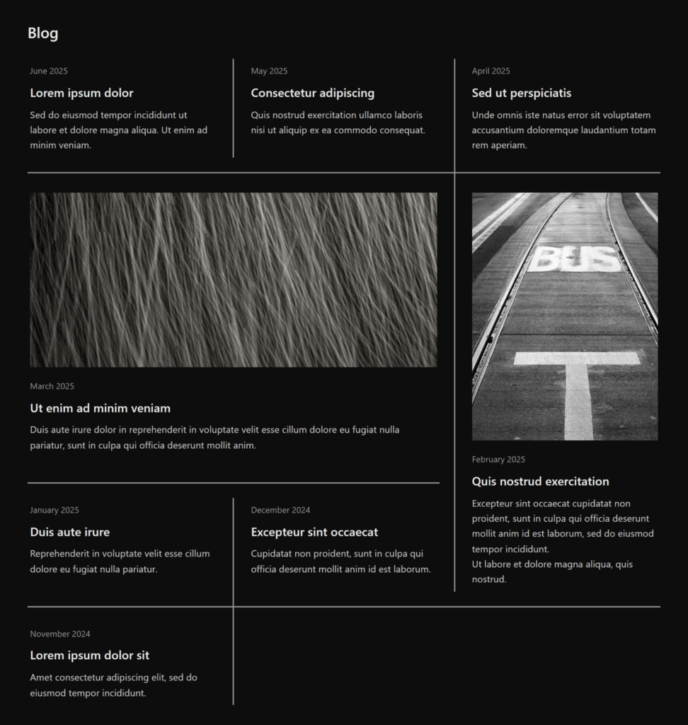 A blog grid with a series of eight posts spanning different columns and rows, where white rules connected the columns and rows.