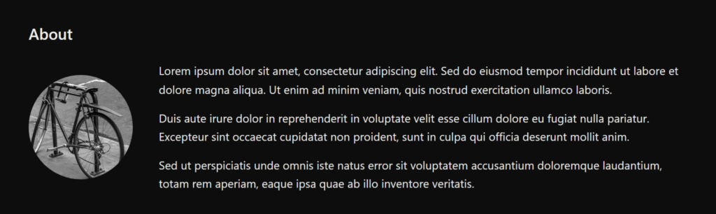 A card component with a black background and white text. A circular image is on the left and a block of text is on the right.