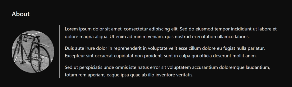 A card component with a black background and white text. A circular image is on the left and a block of text is on the right. A vertical white rule separates the two sides.