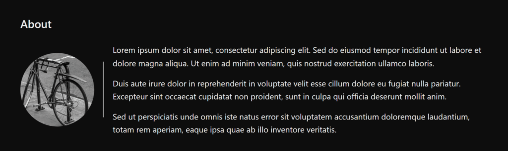 A card component with a black background and white text. A circular image is on the left and a block of text is on the right. A vertical white rule separates the two sides and is shorter than the card's full height.