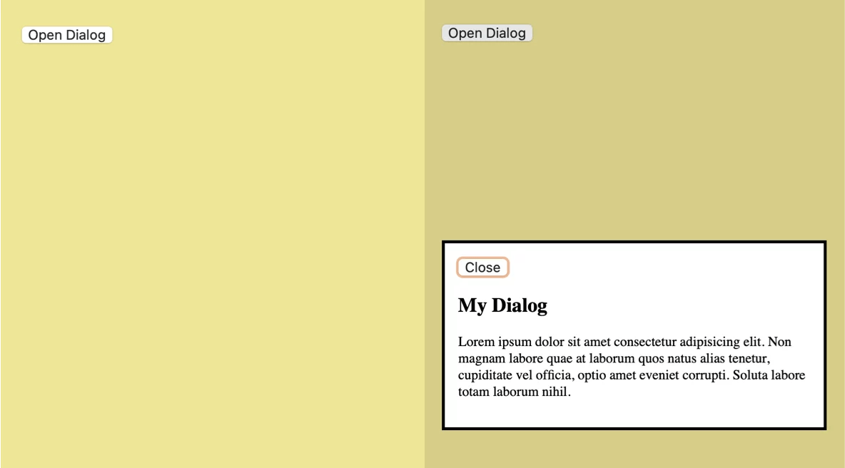 Dialog open and close states side by side. The left side has a khaki colored background and the right side is a slightly darker color.