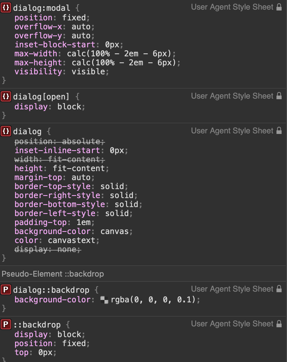 DevTools styles panel shoeing the user agent styles for a dialog, dialog backdrop, open dialog, and modal dialog.