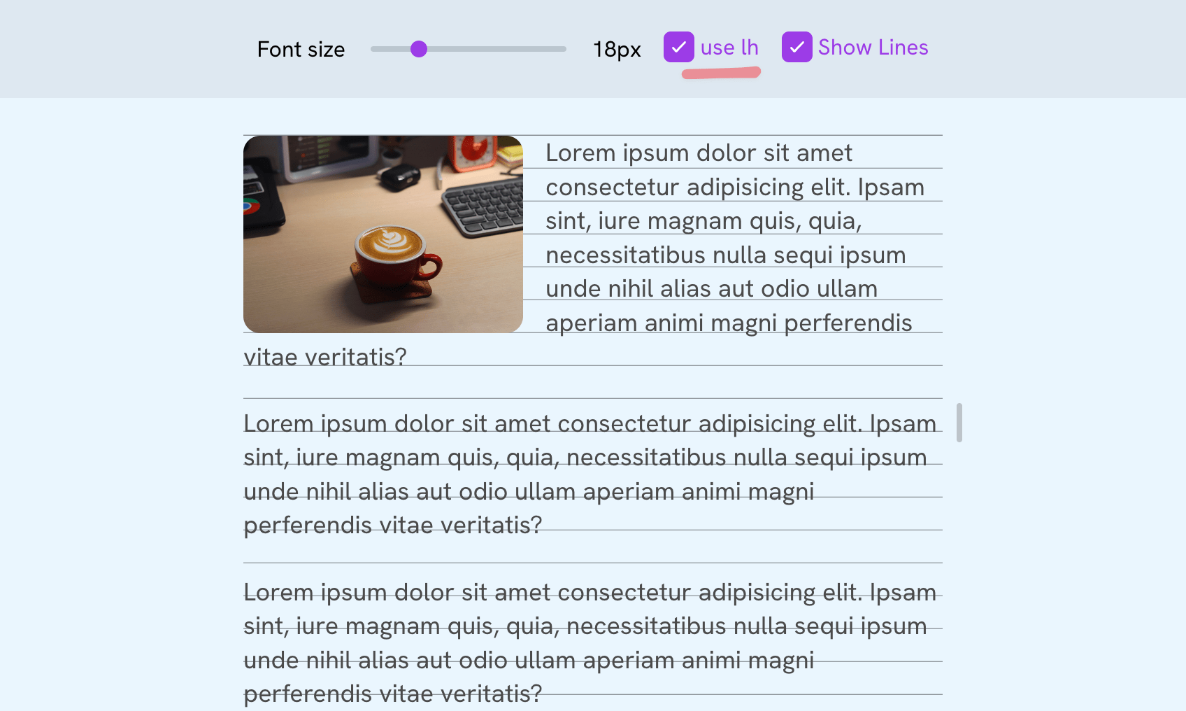 A screenshot of an interactive web demo showing an image floated to the left of some text. The &lsquo;use lh [units]&rsquo; checkbox is selected, causing the image&rsquo;s height to be equal to that of 6 lines of text.