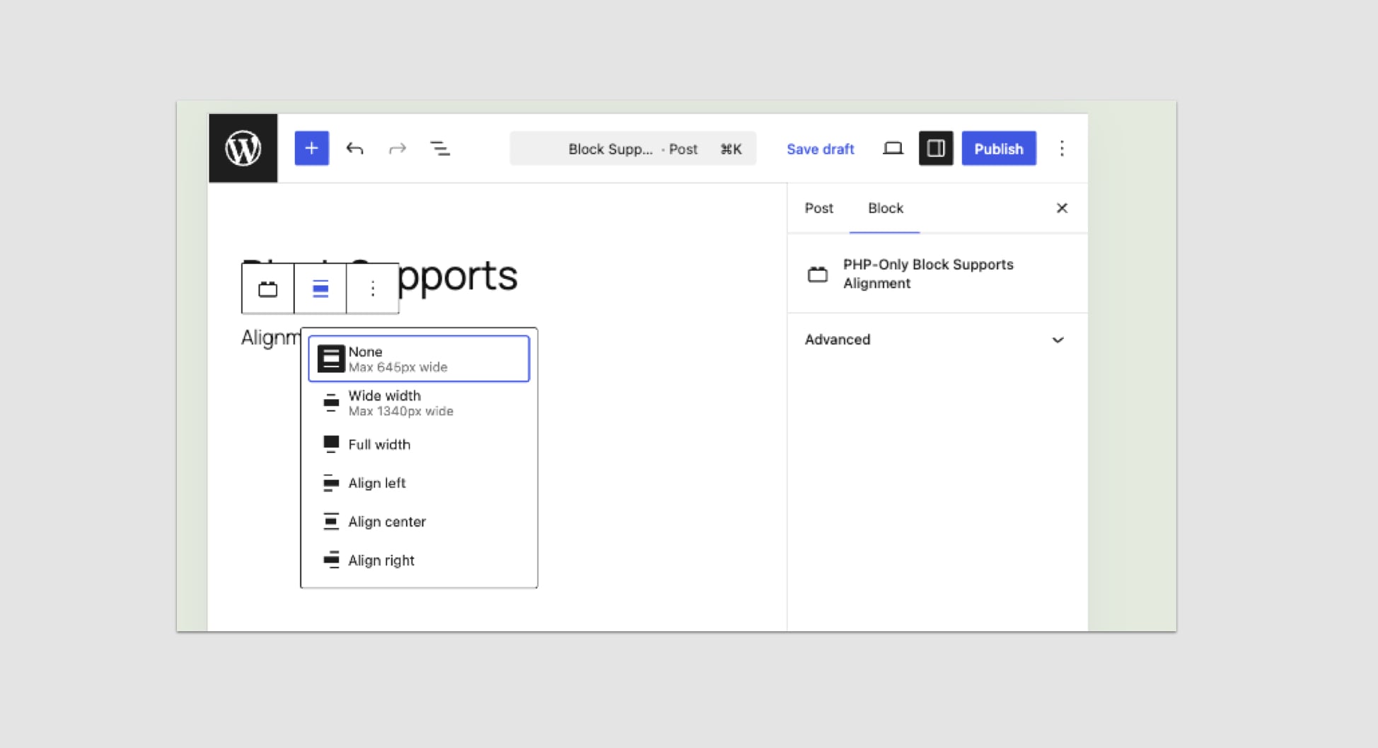 A block inserted into the WordPress block editor with expanded options for aligning it.