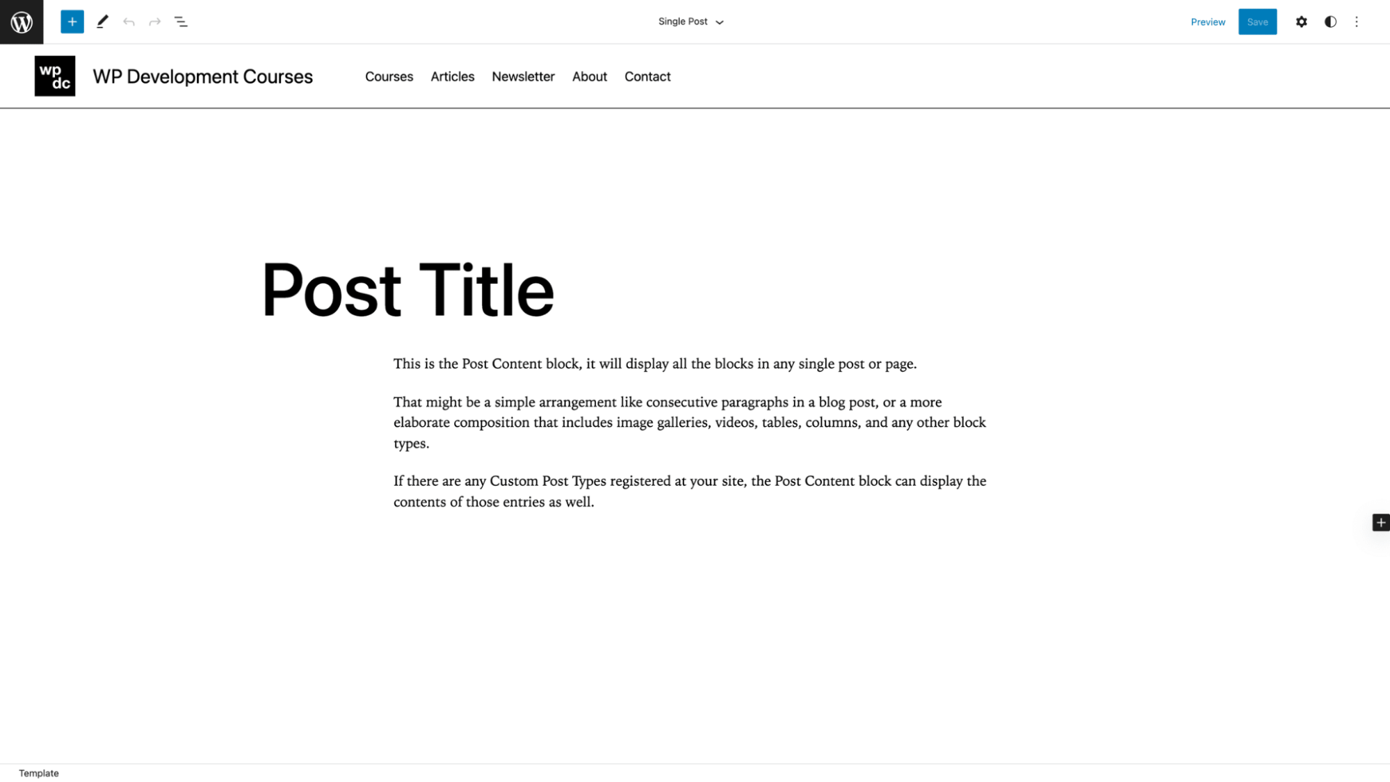 The back end of a WordPress post with a Post Title and three paragraphs of text. the style rendered like the front end view.