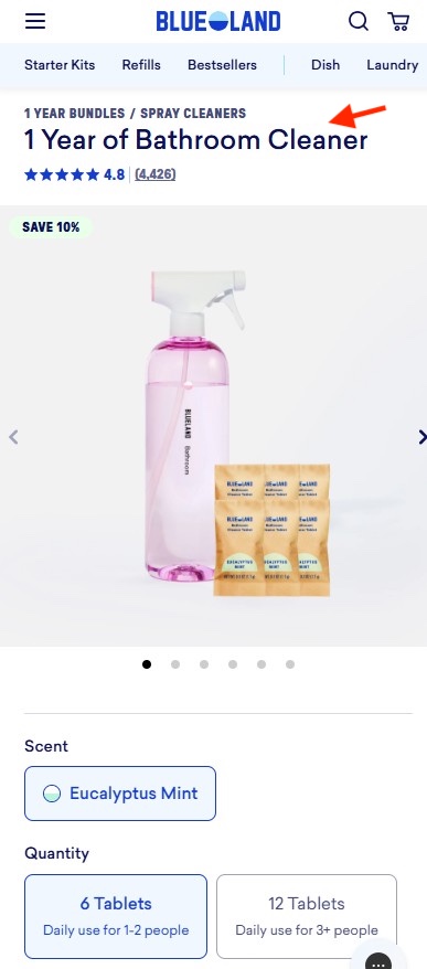 "1 Year of Bathroom Cleaner" product page showing a spray bottle with six refill tablets and quantity options: 6 tablets for daily use by 1&ndash;2 people, 12 tablets for 3 or more.