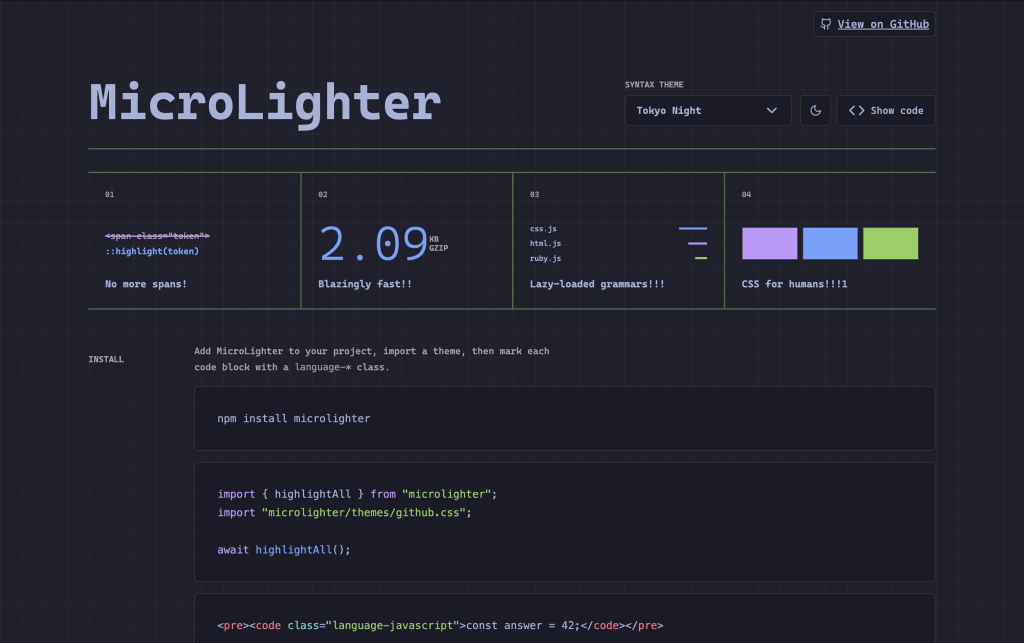 A web page for MicroLighter, displaying feature highlights and installation instructions.