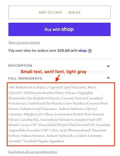 Mobile product page with the Full Ingredients section expanded, showing a long list of ingredient names in small, thin, light gray serif text below a purple "Buy with Shop" button.