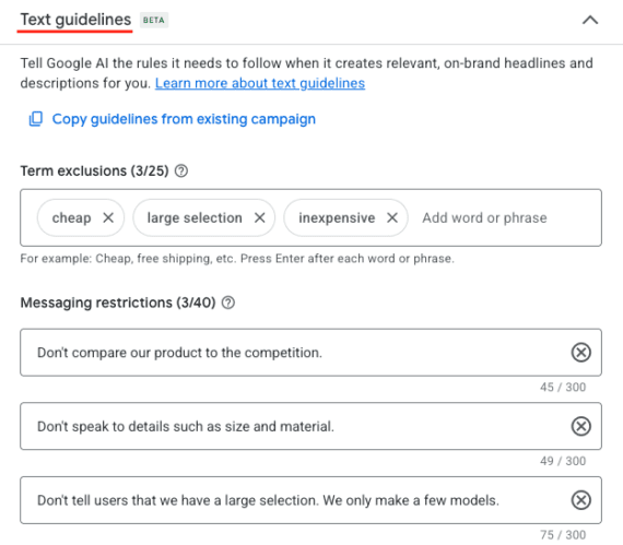 Screenshot of Google Ads "Text guidelines" beta settings, showing term exclusions ("cheap," "large selection," "inexpensive") and three messaging restrictions, including "Don't compare our product to the competition."
