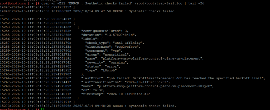 VMSP bootstrap log showing Synthetic checks failed caused by control-plane-vm-placement anti-affinity check