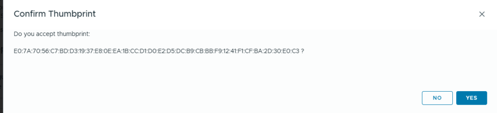Confirm thumbprint prompt in VCF Operations Components Installation wizard