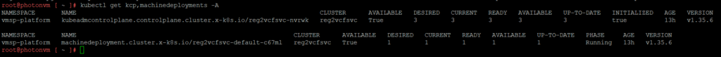 kubectl get kcp machinedeployments showing VMSP desired state of 3 control plane replicas and 1 worker
