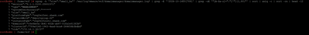 SDDC Manager domainmanager.log showing VCF services runtime deploy spec requested size small_ha