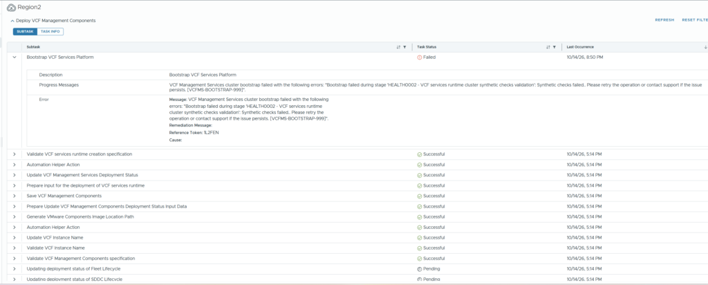 VCF 9.1 Operations task Bootstrap VCF Services Platform failed with HEALTH0002 VCFMS-BOOTSTRAP-999 synthetic checks failed