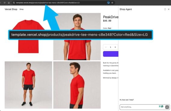 Screenshot of a Vercel Shop product page for the PeakDrive men&rsquo;s tee at $48. The page shows a red T-shirt in four photos: a flat lay, a male model facing forward, a full-length shot with black shorts, and a side profile. An enlarged callout with a blue arrow points to the browser&rsquo;s address bar, which reads template.vercel.shop/products/peakdrive-tee-mens-c8e348?Color=Red&Size=LG. The URL shows the selected color and size as parameters. A &ldquo;Shop Agent&rdquo; chat panel on the right reads &ldquo;Hi, how can I help?&rdquo;